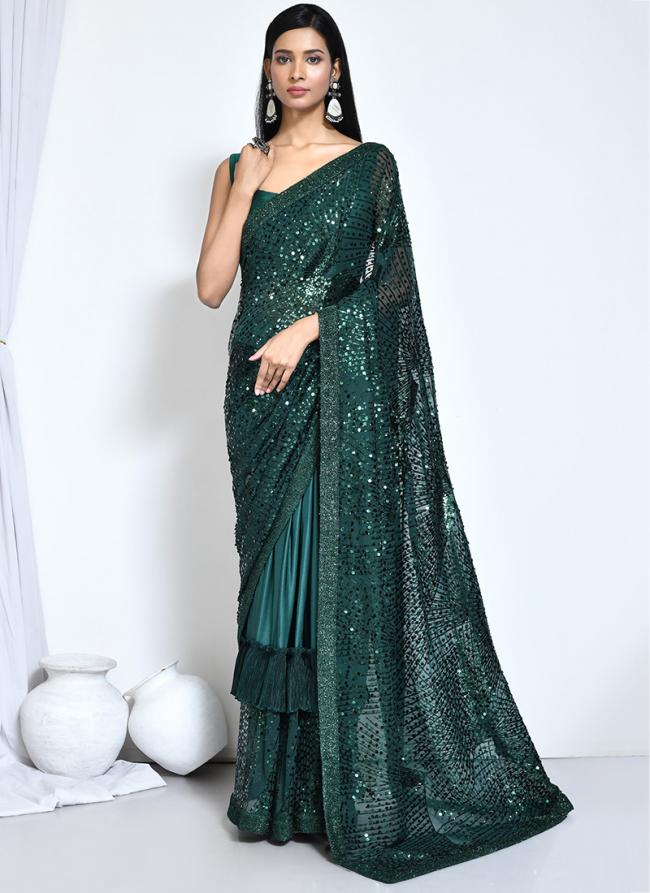 Crystal Silk Green Wedding Wear Embroidery Work Saree